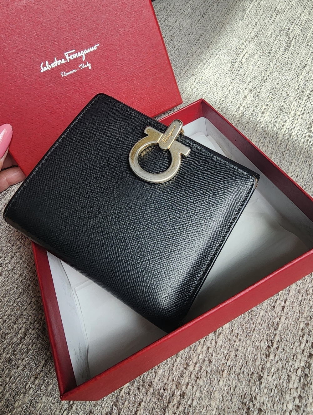 Salvatore Ferragamo Black Leather Wallet with Gold Gancini Accent